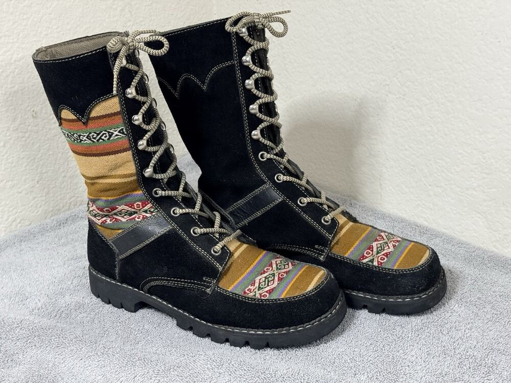 Vintage Womens Southwestern Suede Canvas Lace Up Lug Sole Boots Est Size 7.5 8